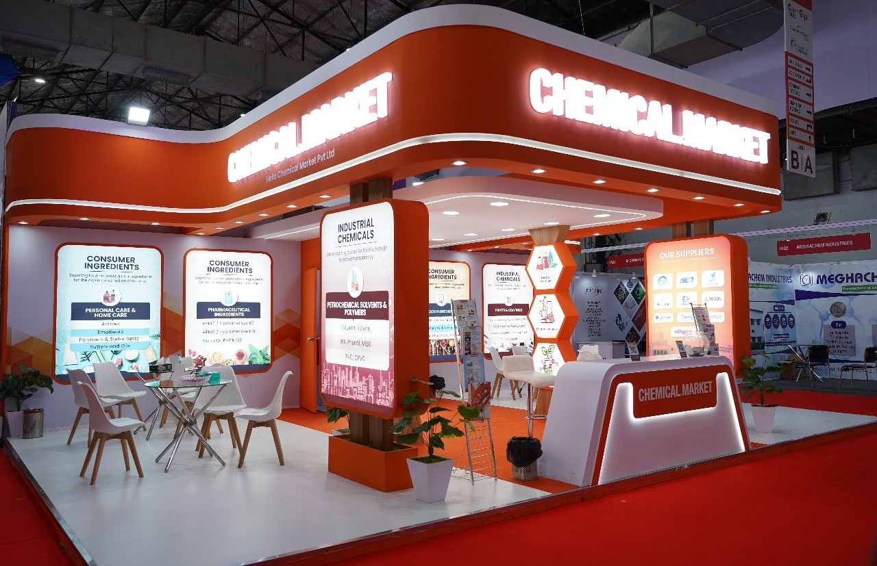 Chemical Market exhibition booth with visitors exploring chemical products and innovations